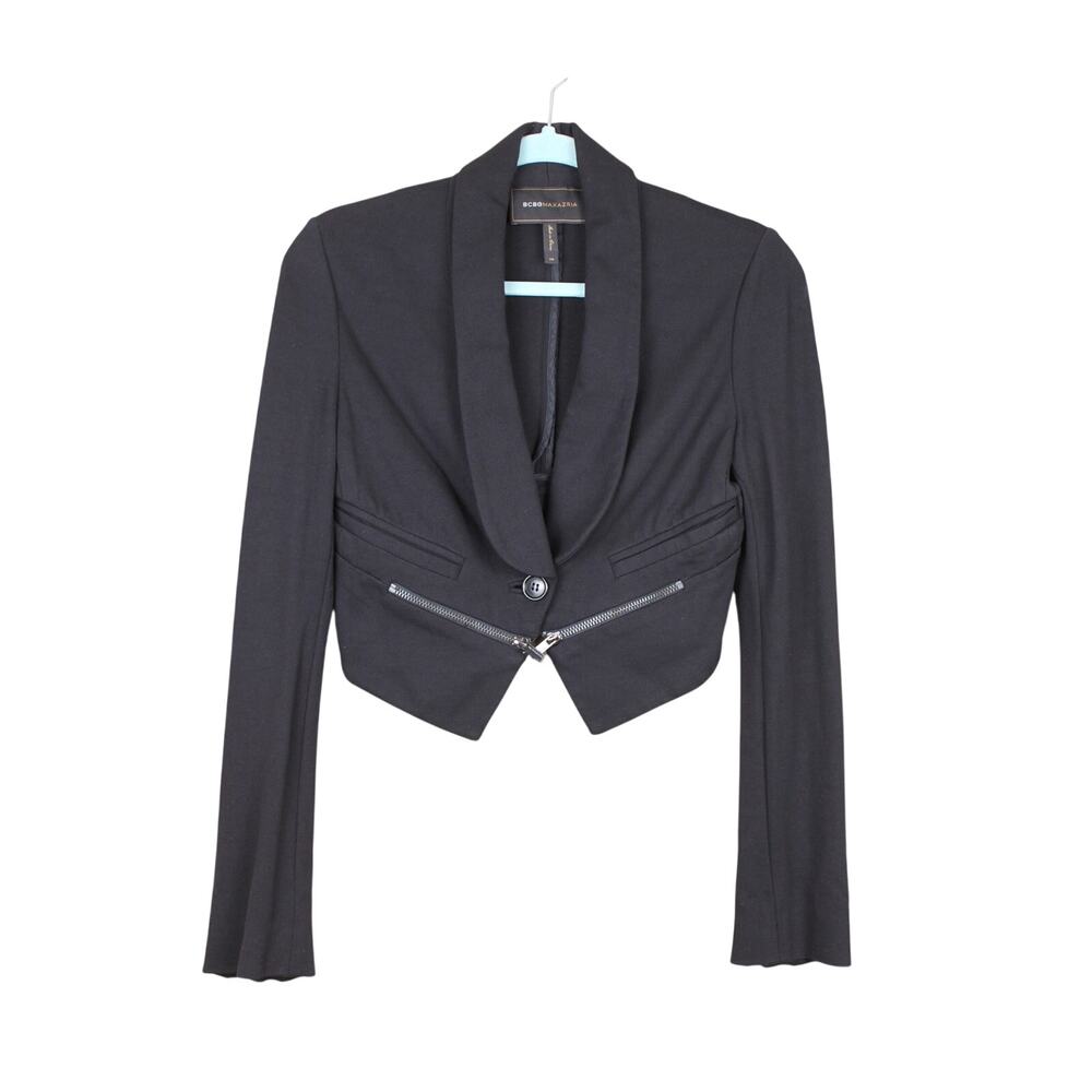 BCBGMaxazria Edgy Cool Chic Black Stretch Knit Cropped Blazer Jacket Size XS